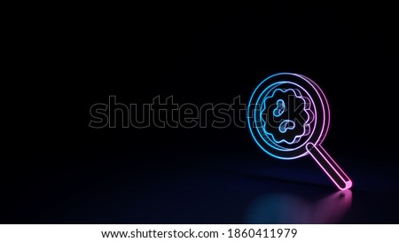 3d render techno neon purple blue glowing outline wireframe symbol of magnifying glass with virus isolated on black background with glossy reflection on floor