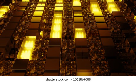 3d render technology background. Abstract structure with cubes forms. Different element materials. Straight structure with repetitive cubes. Tech concept.