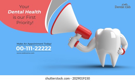 3D Render Teeth with Megaphone Digital Marketing Horizontal Banner Template.