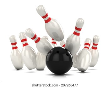 3d render of a ten pin bowling as ball hits pins