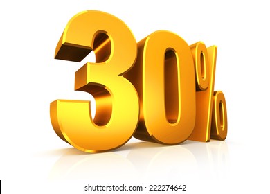 3D render text in 30 percent in gold on white background with reflection