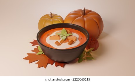 3d Render of Thai Pumpkin Curry Soup with Cream and Spare Mint on Yellow Orange Background