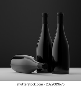 3d render. Three Black bottles of red wine are on the table. Mock up