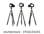 3D render of three digital cameras mounted on tripods isolated on a white background.