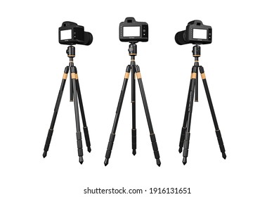Representación 3D de tres cámaras digitales montadas sobre trípodos aislados en un fondo blanco.