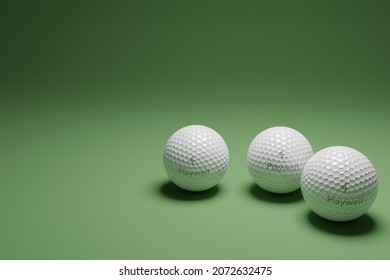 3D Render: Three golf balls with a made-up brand name in a  green studio background