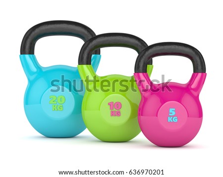 3d render of three kettlebells isolated on white background