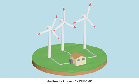 3D Render Of Three Low Poly Wind Turbine Renewable Green Energy Source Going In A Small House With A Battery Generator Outside To Be Off The Grid