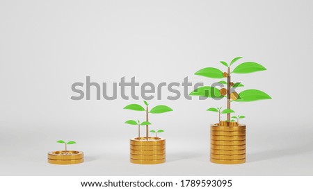 3D render of three row of coin with plant on coins and seedlings are growing on white background, Finance And Investment Concept