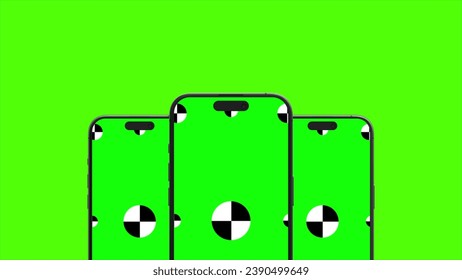 3D render of three smartphone with a green background. Rotating in screen. With a green screen for easy keying. Computer generated image. Easy customizable. 3D Illustration. 3D Illustration