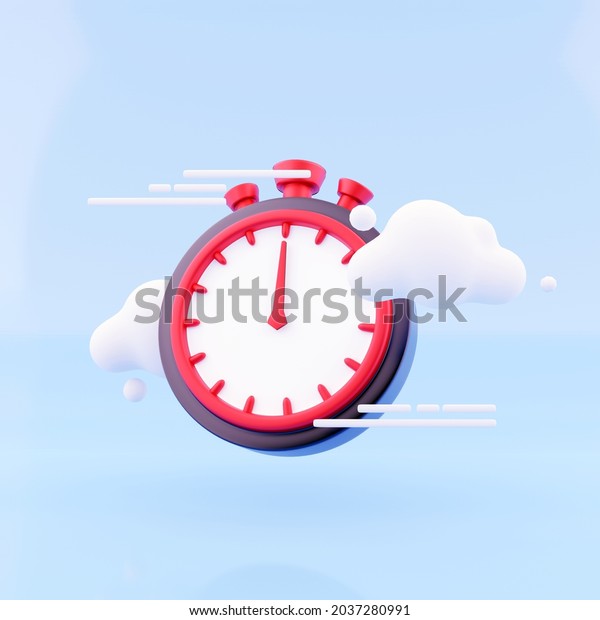3d render timer with\
cloud on blue background. Stopwatch, timer 3d renderin icon and\
illustration.