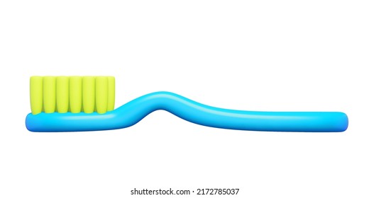 3d Render Toothbrush. Rendering Illustration Of Blue Bristle Tooth Brush Isolated On White Background. Cute Cartoon Toy Design. Mouth Hygiene Equipment. Dentist Oral Health Care Element. Medical Tool.