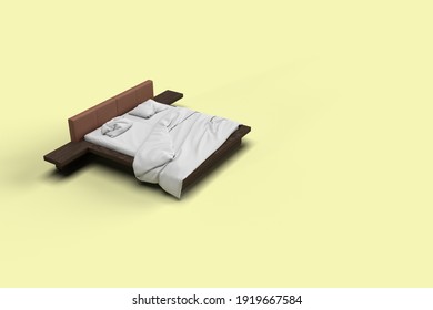 3d Render Top Side Angle View Of White Bed With White Pillow Cover And White Bed Sheet And Blanket For Mockup With A Pastel Yellow Background