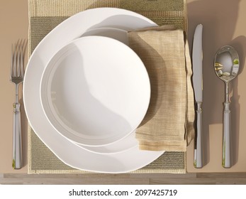 3D Render, Top View Close Up Of A Luxury Fine Dining Place Setting With High Quality Porcelain Dinner Plate, Salad Plate And Soup Bowl With Silverware Cutlery And Linen Napkins. Wedding, Proper.