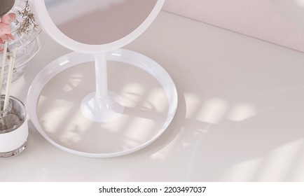 3D Render Top View Close Up White LED Stand Up Makeup Vanity Mirror With Tray On Empty Dressing Table For Beauty Products Display Backdrop. Morning Sunlight, Shadow, Pink, Glamour, Jewelry Accessories