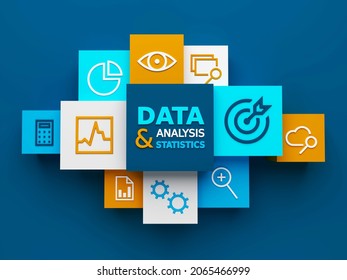 3D render of top view of DATA ANALYSIS and STATISTICS business concept with symbols on colorful cubes on dark blue background