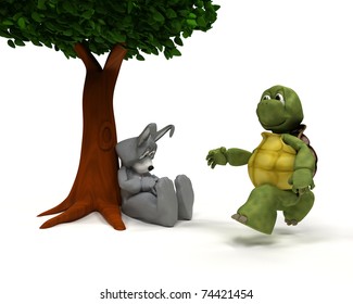 3D Render Of A Tortoise And Hare Race Metaphor