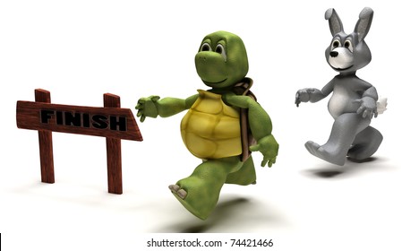 3D Render Of A Tortoise And Hare Race Metaphor