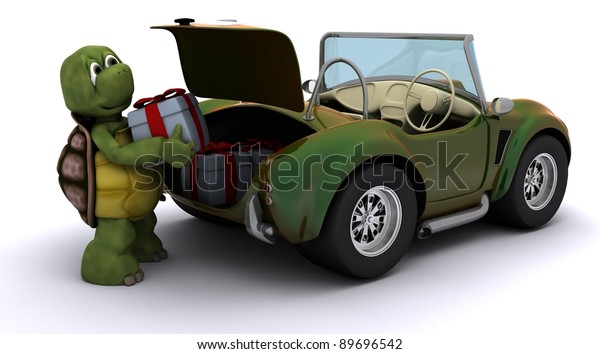 3D render of a tortoise loading christmas gifts into\
a car