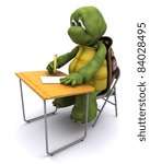 3D render of tortoise sat at school desk
