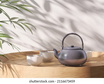 3D Render Of A Traditional Chinese Yixing Tea Set A Teapot And Cups On A Wooden Round Table With Bamboo Leaf And Leaves Shadow In Background. Zen, Asian Culture, Exotic, Copy Space, Sunlight, Mock Up 