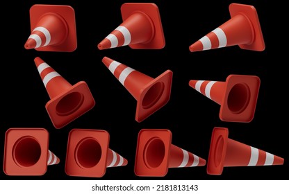 3D Render Traffic Cone Orange Color, Many Perspectives