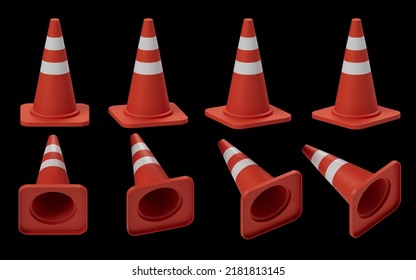 3D Render Traffic Cone Orange Color, Many Perspectives