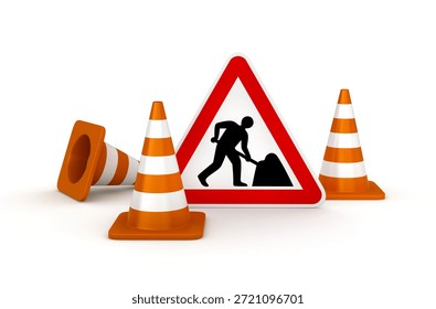 3d render of traffic cones and road works sign
