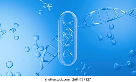 A 3D render of a transparent capsule floating on a blue background with DNA helix and molecular structures, symbolizing advanced medicine and nutrition.