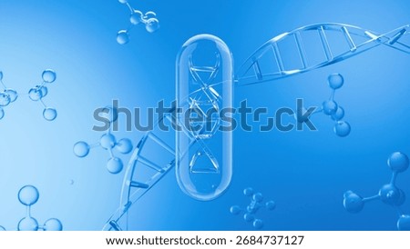 A 3D render of a transparent capsule floating on a blue background with DNA helix and molecular structures, symbolizing advanced medicine and nutrition.