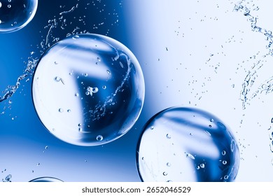 3D render of transparent water bubbles with splashes on a blue background. Abstract hydration and skincare concept representing purity, moisture, and freshness in beauty and cosmetic design.