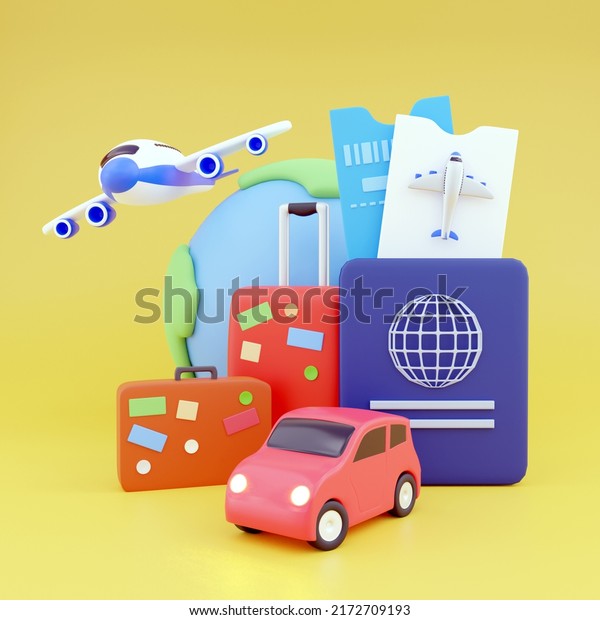 3d\
render travel with car and airplane. 3d render luggage suitcase\
with passport. ed render tickets to world\
travel
