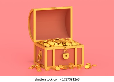 3d Render Treasure Chest With Coins On Pink Background. Isolated Concept Gold Box With Currency And Security Lock. Low Poly.  Illustration.