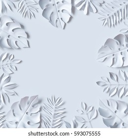 3d Render, Tropical Paper Leaves, Jungle Wallpaper, Square Frame, White Background