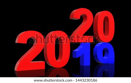 3D Render Turn of the Year 2019 to 2020 in blue and red numbers in front of a black background