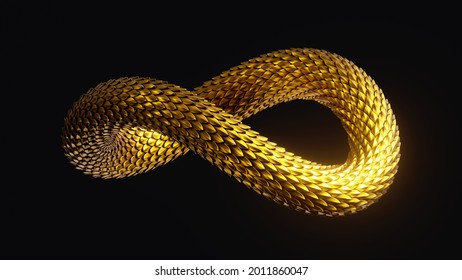 3d Render, Twisted Loop Infinity Symbol With Shiny Golden Snake Scales Texture, Abstract Clip Art Isolated On Black Background