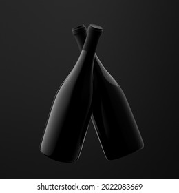 3d render. Two Black bottles of red wine float on a black background. Mock up