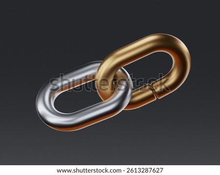 3D render of two chain links connecting together. Concept for blockchain, crypto network integrity, and secure digital connection.