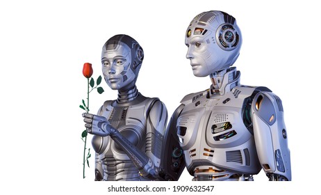 2つの細かいロボット、または花を持ちながら人間と女性の人間が近くに立つ3Dレンダリング。 白い背景に上半身