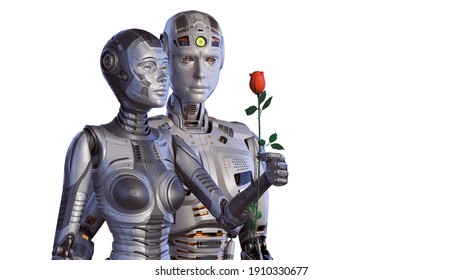2つの細かいロボット、または花を持ちながら人間と女性の人間が近くに立つ3Dレンダリング。 白い背景に上半身、テキスト用の空きコピースペース