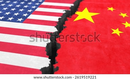 3d render of two divided surfaces with the national flags of the USA and China. A deep trench symbolizes a trade war between the two countries - punitive tariffs.