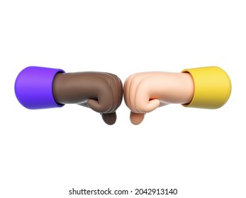 3d render, two hands fists punching each other. Cartoon characters hands fist gesture. Business icon. Strength or protest clip art isolated on white background. Fight for you rights