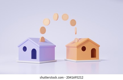 3D render Two home transfer money concept. finance support real estate business investment with cartoon minimal. illustration