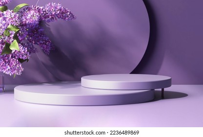 3D render two layer glossy lavender purple round podium on table counter, lilac flower branch in sunlight, leaf shadow on purple wall background for luxury beauty, cosmetic product display backdrop