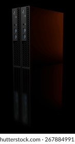 3D render of two modern ISP server towers placed side by side with orange glowing reflections. The hardware technology concept is shown isolated on black background for IT projects.