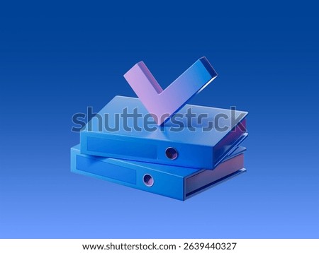 3D render of two office folders with a check mark symbol on top. Represents approved documentation, document verification, or successful record processing.
