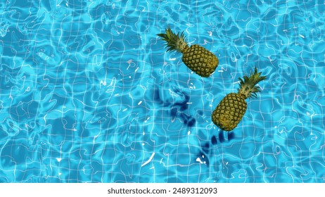 3d render two pineapples floating in a pool in summer, top view. 3D Illustration