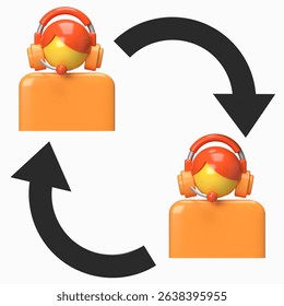 A 3D render of two support avatars connected with arrows, representing communication, CRM, or process rotation.