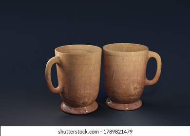 3D Render: Two wooden coffee mugs in a black background