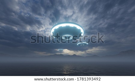 3D render. UFO over the mountains and sea